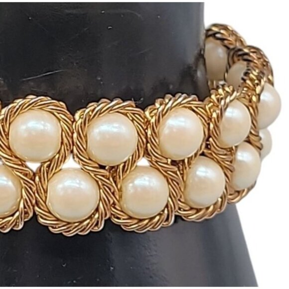 Vtg Vermeil Imitation Pearl Double Woven Row Bracelet Gold on Sterling Silver - Picture 6 of 14
